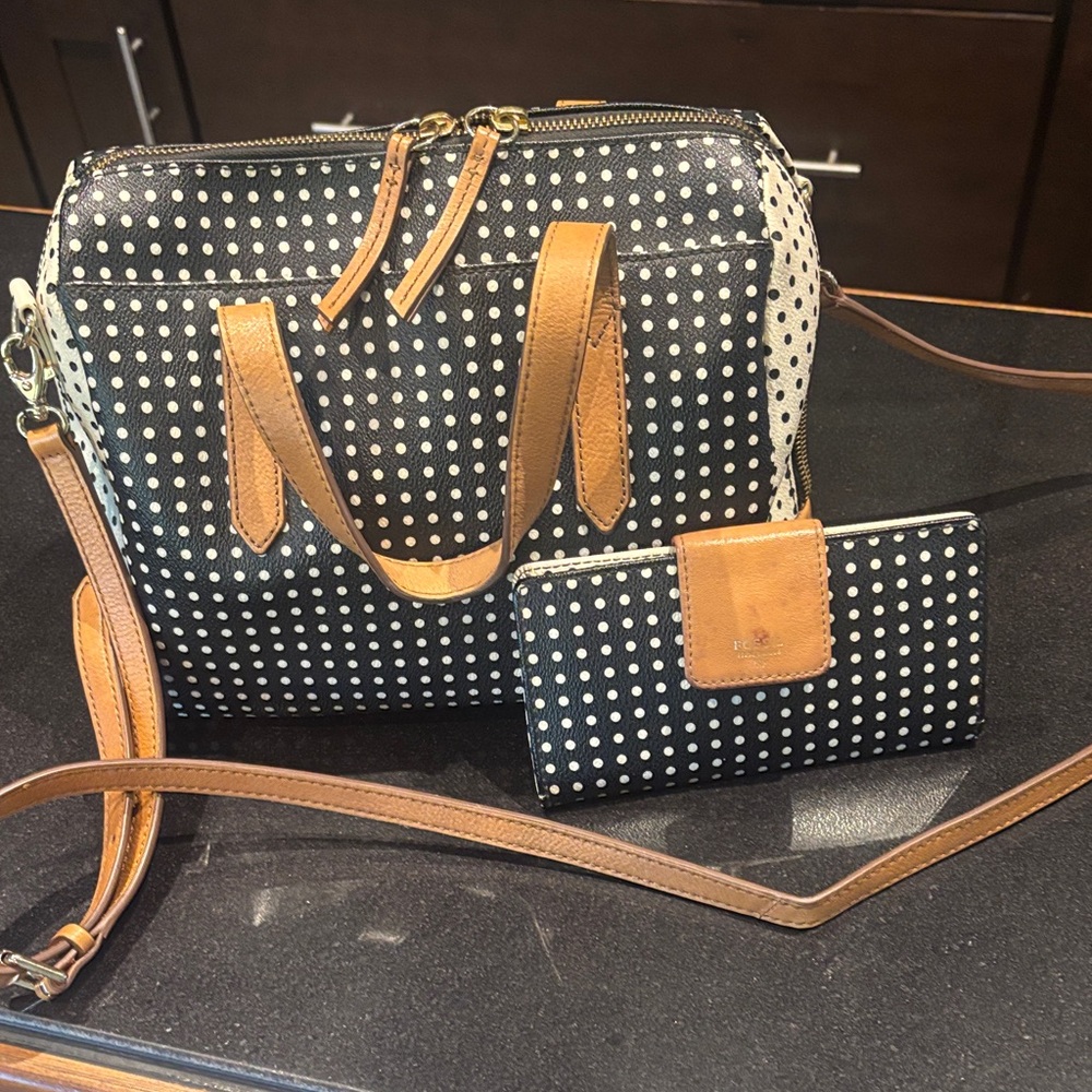 Fossil Black and Tan Polka Dot Crossbody Bag Set